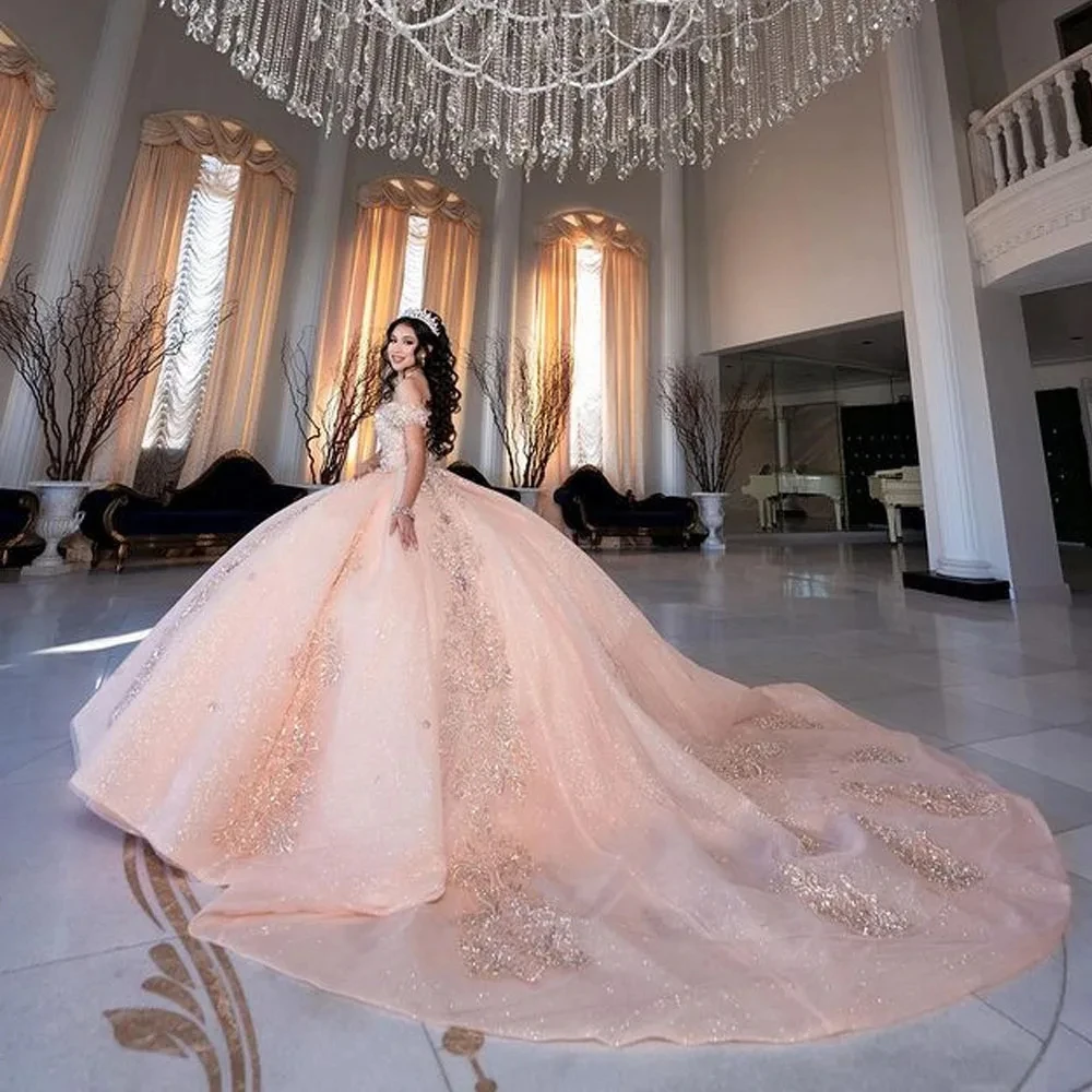 فساتين أميرة Quinceanera ، ثوب الكرة الوردي ، قبالة الكتف يزين ، الحلو 16 فساتين ، 15 عاما ، المكسيكي