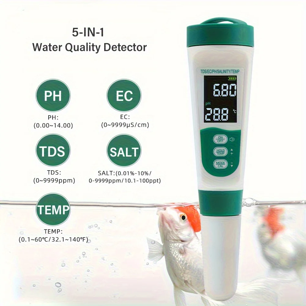 5 in 1 Digital Water Quality Tester for Drinking Water Aquariums Pools, PH Salt Temp TDS & EC 0-9990PPM LCD Meter Water Tester