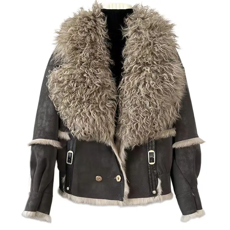 Leather Jacket for Women, Wool Collar, Rabbit Fur Coat,Loose Short Overcoat, Warm Female Clothing, Winter, High Quality, New