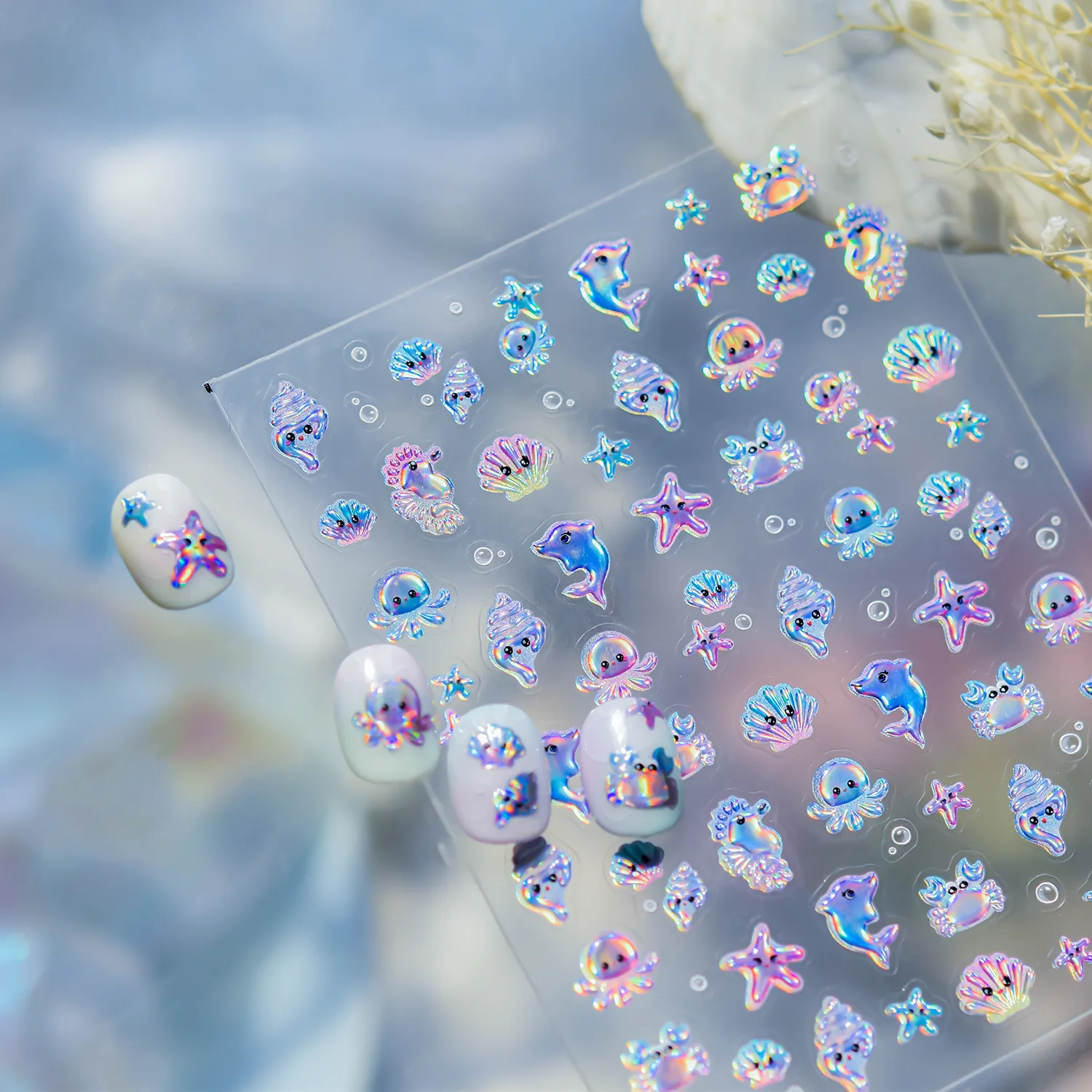 المحيط هلام مسمار الفن ملصقات لطيف ستار العين الأخطبوط فقاعات ونجم البحر قذائف الغراء الخلفي مسمار ملصق DIY بها بنفسك الصيف مانيكير أجزاء #5