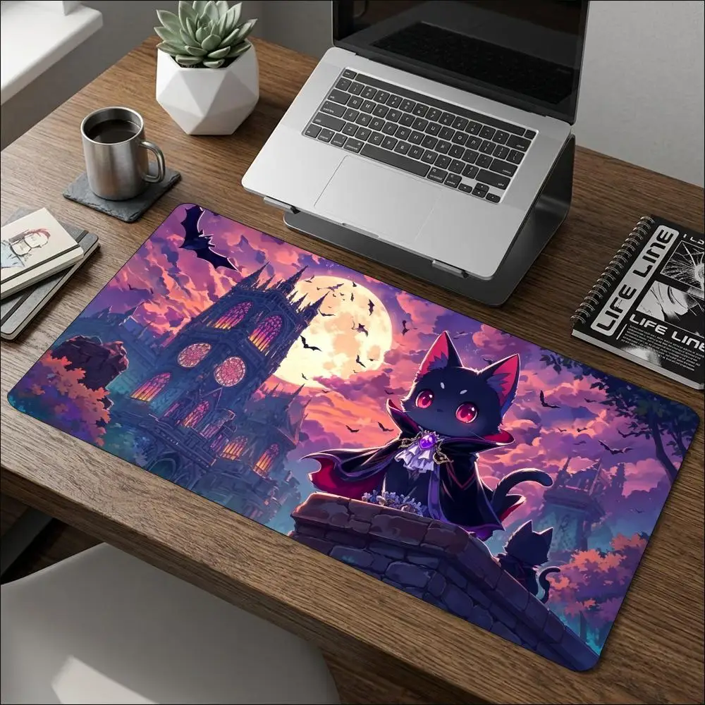 Vampire Black Cat Gothic Castle Moon Bat Large Gaming Mouse Pad XXL Desk Mat Non-Slip Stitched Edge PC Laptop Office Mat
