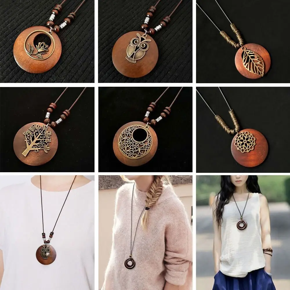 Female Jewelry Round Sweater Chain Wooden Retro Ethnic Clothing Pendant Collar Decoration Women Girls