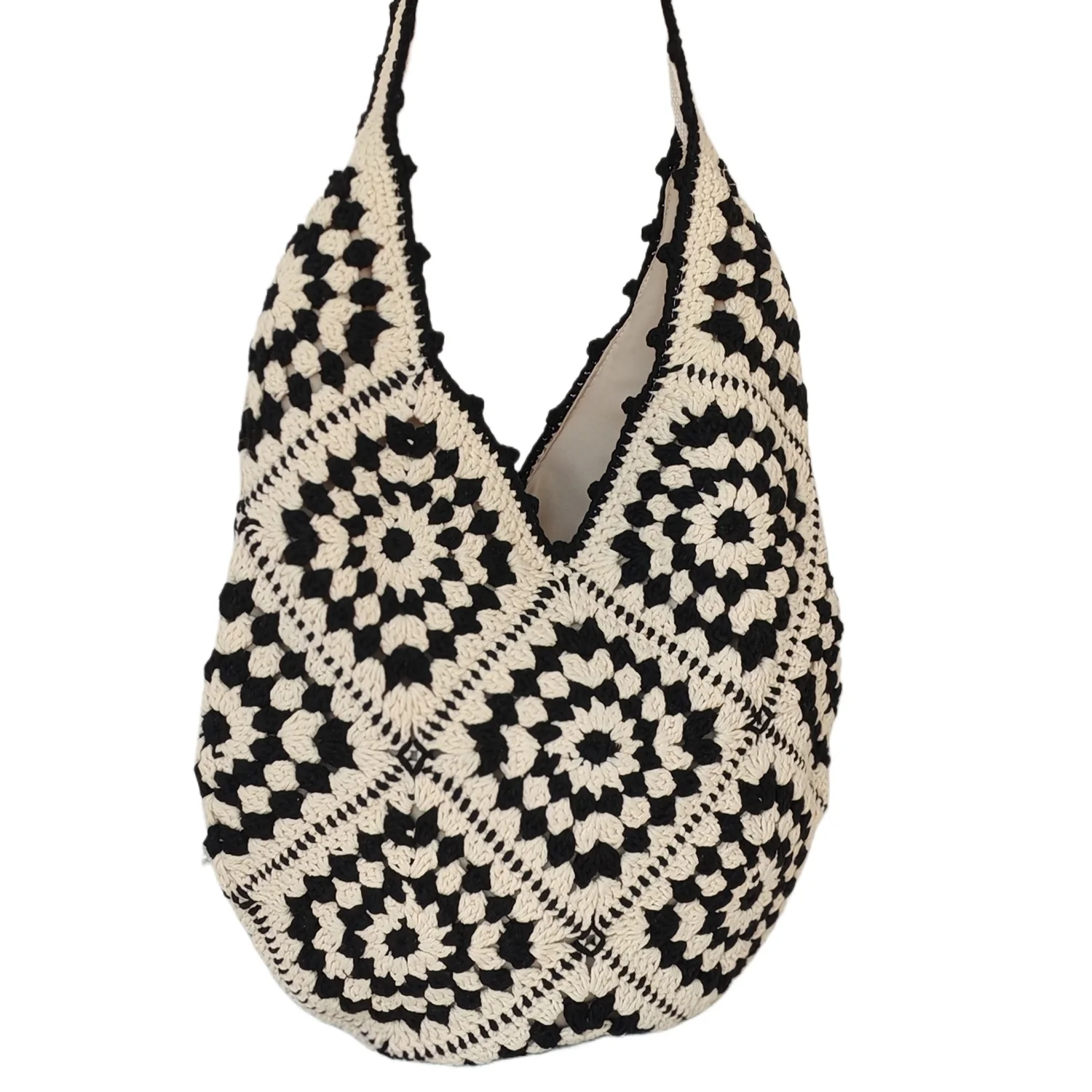 Handmade Crochet Granny Square Shoulder Bag – Vintage Boho Knitted Tote, Black & White Retro Hobo Bag for Women
