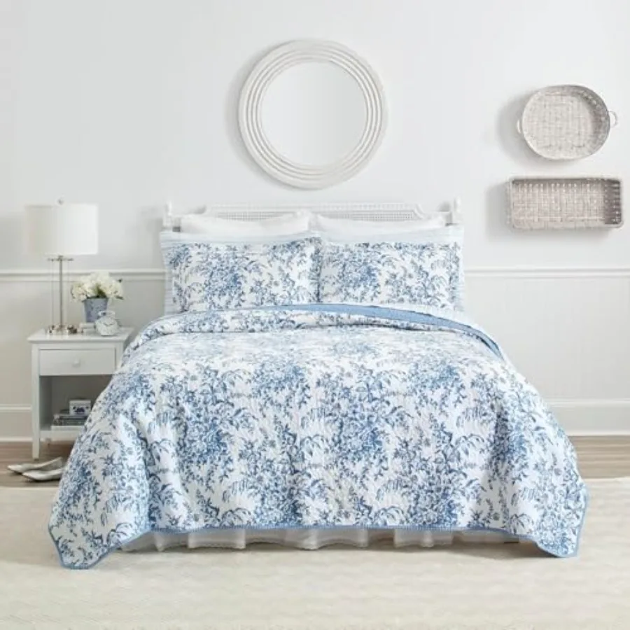 

Комплект постельного белья Queen Quilt Set: двустороннее хлопковое покрывало с подходящими наволочками, декор для дома на все сезоны, цвет Bedford Delft Blue, размер Queen