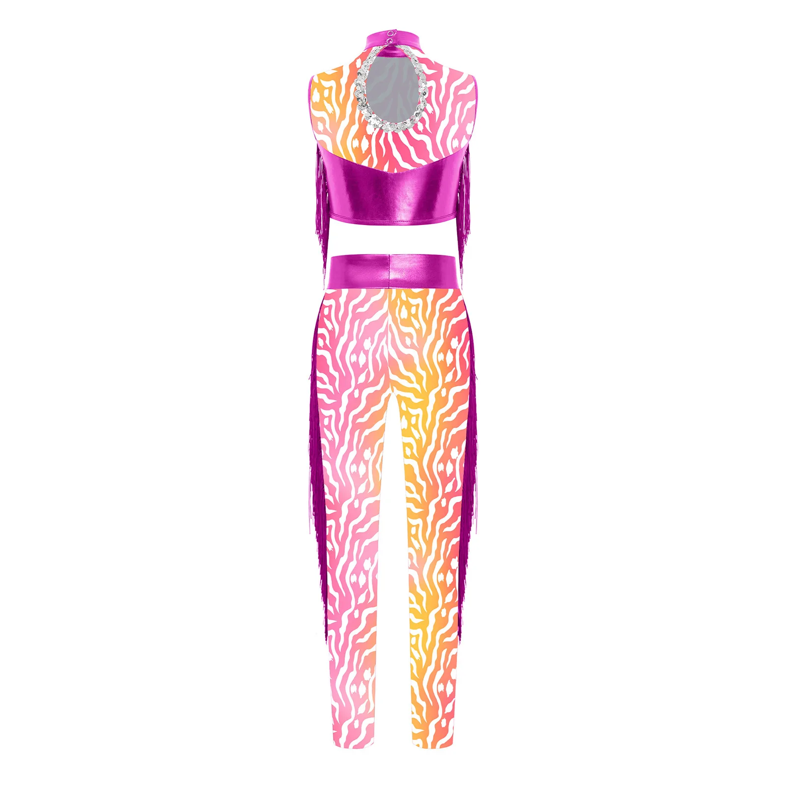 キッズガールズヒップホップジャズダンスパフォーマンスフィギュアスケートコスチュームメタリックタッセルダンス衣装キーホールバッククロップトップとレギンス