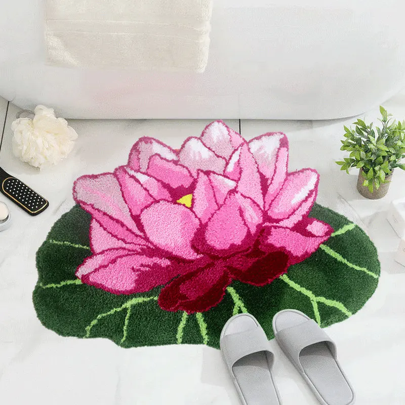 

Soft Tufted Lotus Flower Rugs Art Floral Flocking Carpet Non-slip Absorbent Bathroom Floor Mat Doormat Bedside Area Rugs