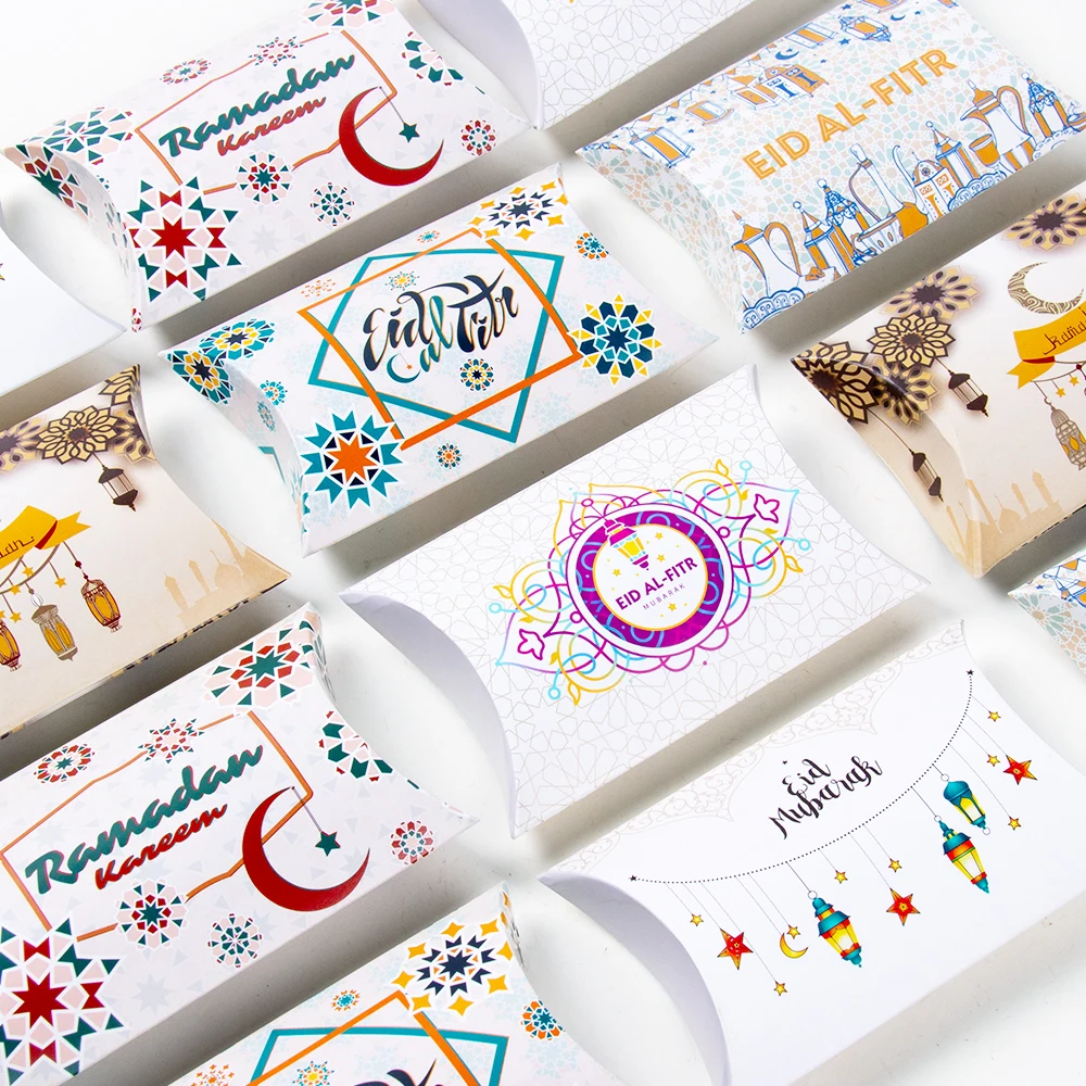 12pcs EID Mubarak Pillow Candy Boxes Ramadan Kareem Kraft Paper Gift Box Muslim Islamic Party Supplies Ramadan Kids Gift Box