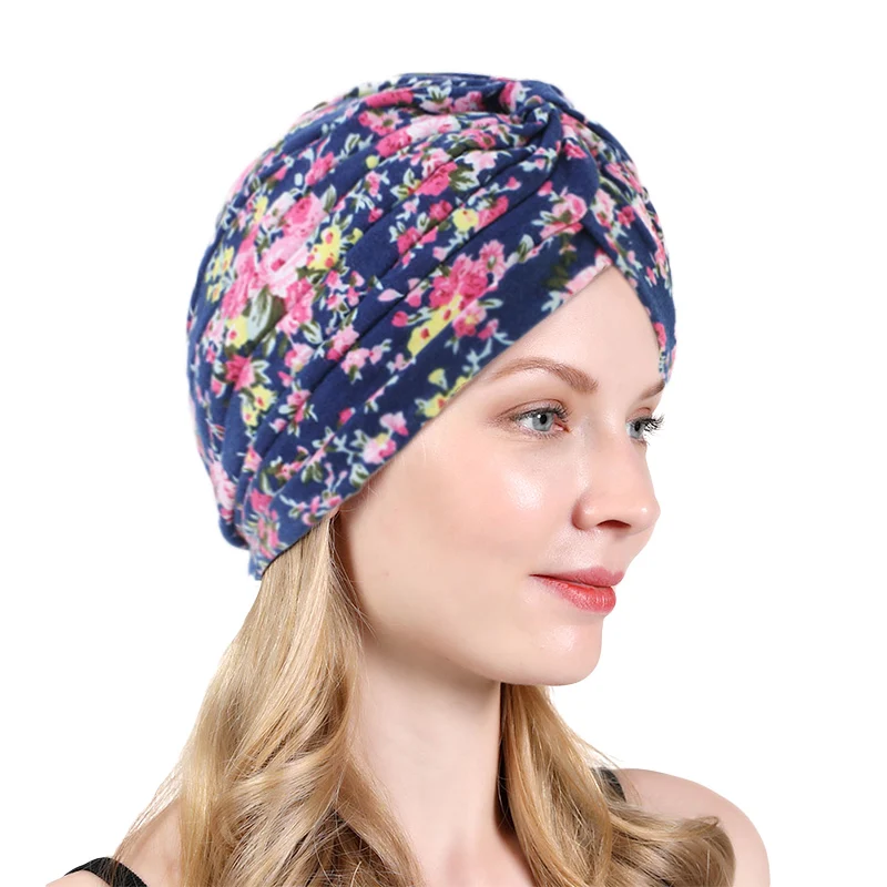 Knotted Ruffle Turban Ladies Soft Cotton Headscarf Casual Printed Female Muslim Hijab Indian Hats Cancer Chemo Cap Turbante