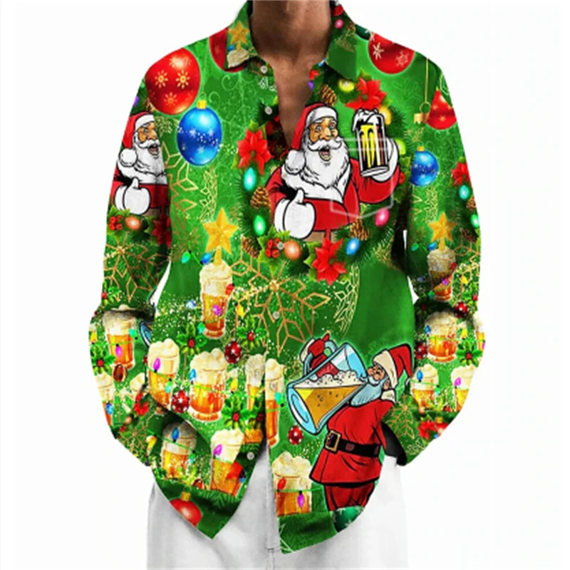 

3d Men's Santa Print Men's Button Lapel Shirt Men's Long Sleeve Top New Year Holiday Party Shirt Christmas Themed Men's Shirt