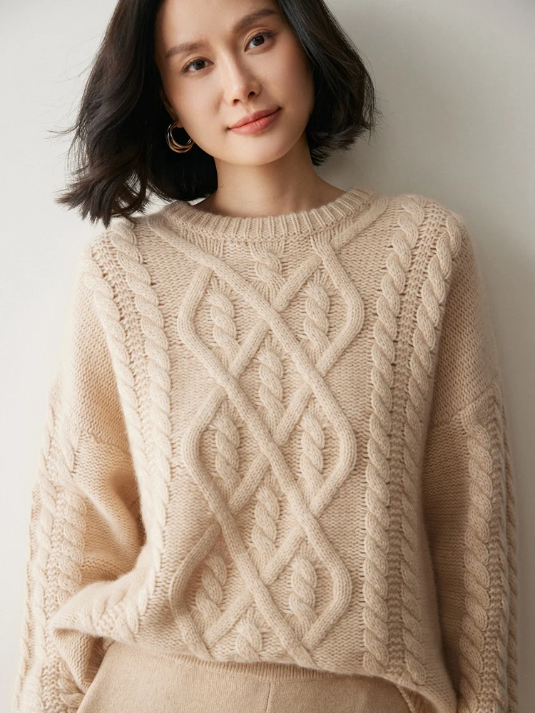 

Women's Pure Cashmere Pullover Sweater Autumn Winter O-neck Soild Twist Flower Cable Knit Long Sleeve Tops Loose Lazy Wind Thick