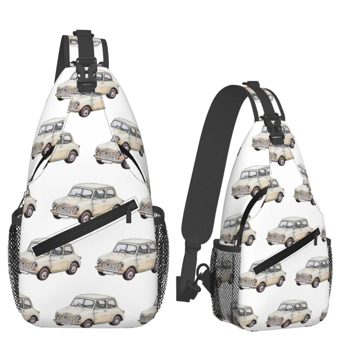 Classic White Mini Cooper In Watercolor Style Chest Bag Men Sling Crossbody Backpack Chest Bag Traveling Daypack Shoulder Bag
