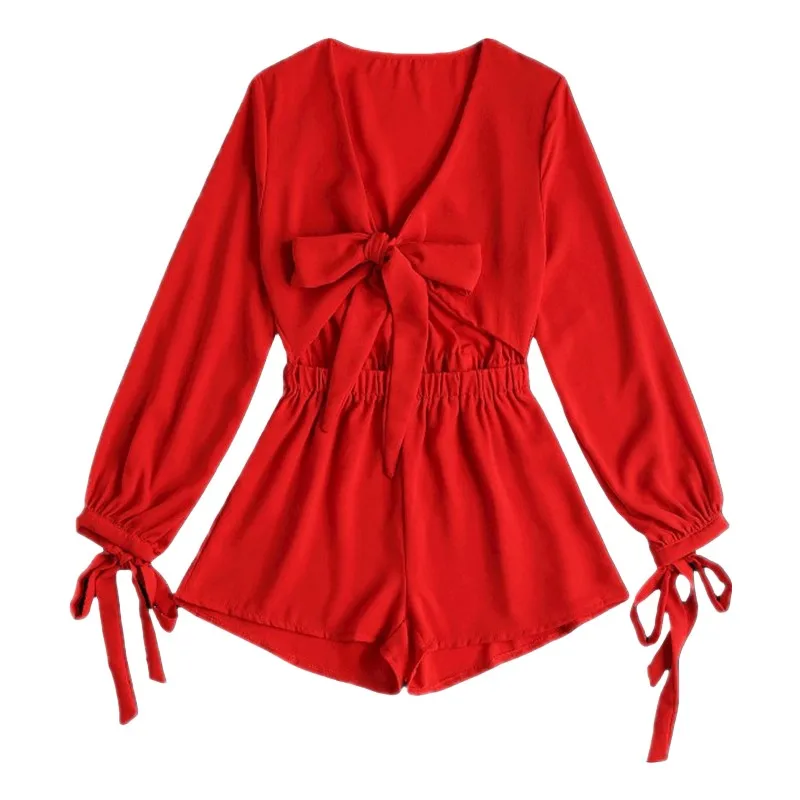 

New Fashion Solid Color Bow Tie Deep V Sexy One-piece Pants Shorts