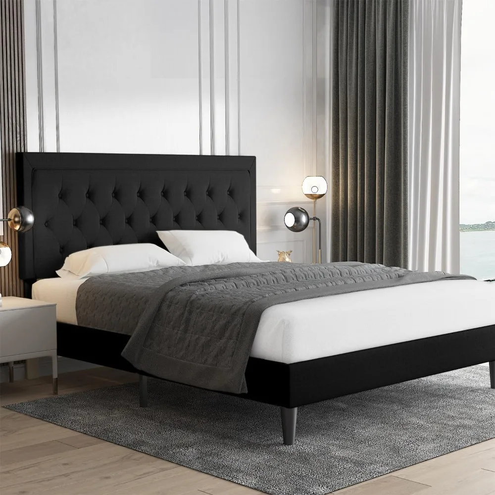 

Allewie Queen Size Upholstered Platform Bed Frame with Adjustable Headboard, Button Tufted, Wood Slat Support, Easy Assembly, Bl