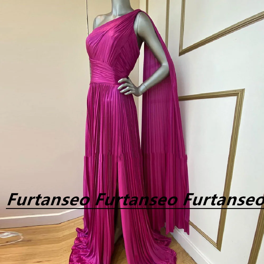 Laxsesu Sexy One Shoulder Prom Dress Rose Pink Evening Gown High Split A-Line Satin Shawl Sweep Train Robes De Soirees Dubai