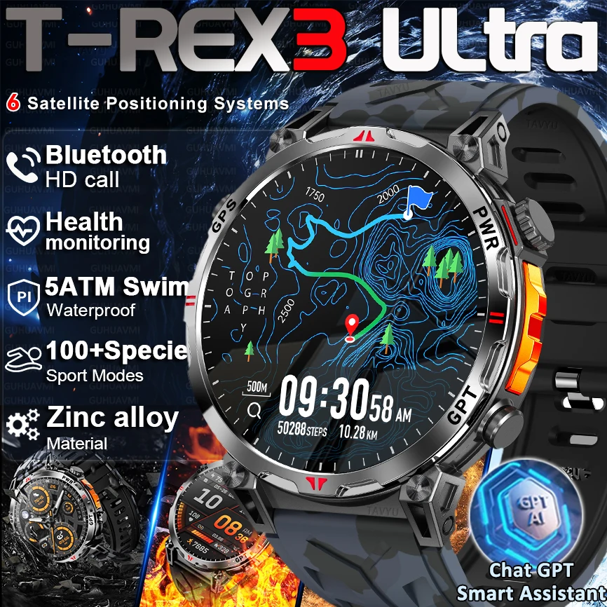 2026 جديد عسكري T-Rex 3 Ultra GPS SmartWatch 650mAh بطارية 5ATM مقاوم للماء بوصلة دعوة رياضية Trackr GHATGPT ساعة ذكية للرجال