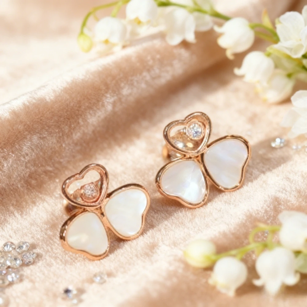 

Premium Jewelry, Heart & Flower Earrings with White Mother - of - Pearl & Sparkling Diamonds, Elegant Fashion Gift for Women