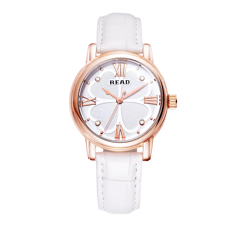 READ Women Analog Quartz Wrist Watch | White Leather Strap | Daily Water Resistant Clover Dial Elegant Ladies Dress Watch