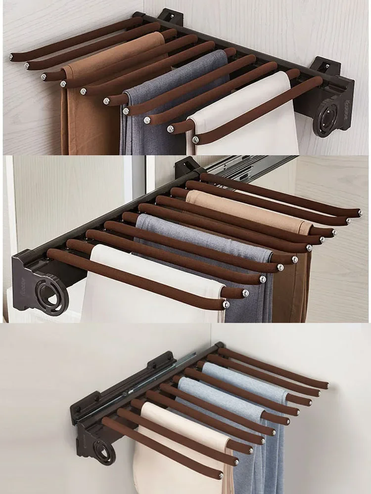 Wardrobe Pant Rack Pants Storage Rack Clothing Holders Telescopic Pants Shelves Push-pull Damping Dress Organizer Cabinet