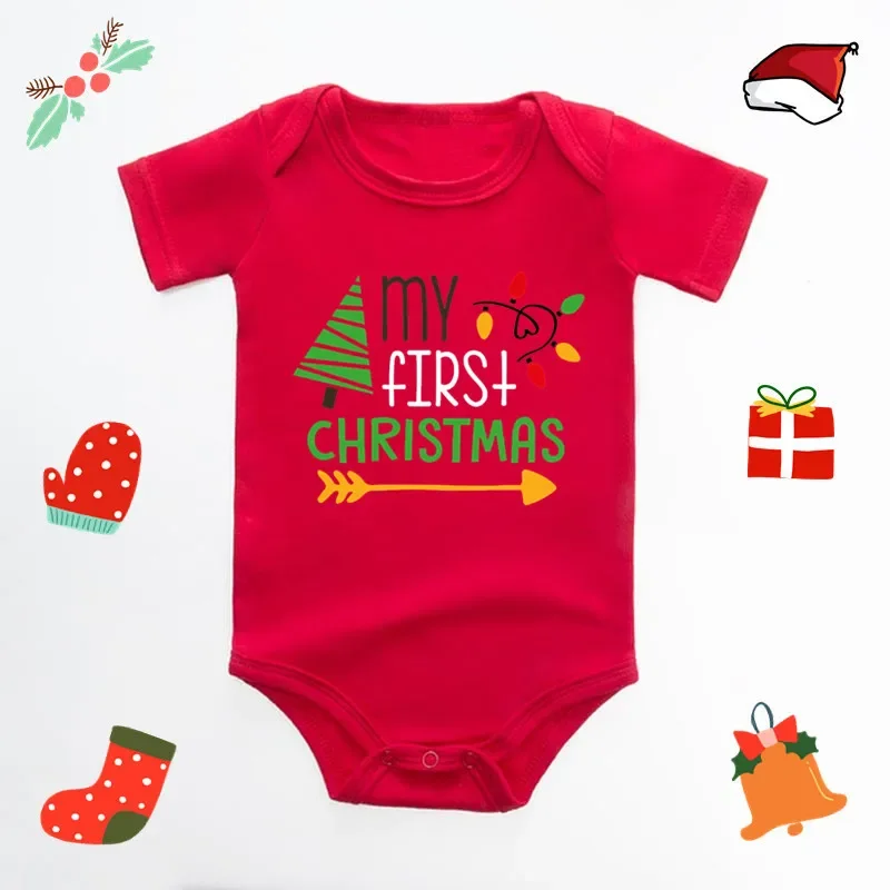My 1st Christmas Baby Bodysuit Short Sleeve Red Newborn Romper Xmas Tree Print Infant Jumpsuit Baby First Christmas Photo Outfit