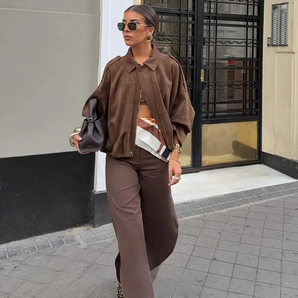 KONDALA 2025 خريف شتاء المرأة Bomber سترة التلبيب سحاب أكمام طويلة سترة من جلد الغزال المرأة عالية الشارع جاكيتات معاطف ملابس خارجية