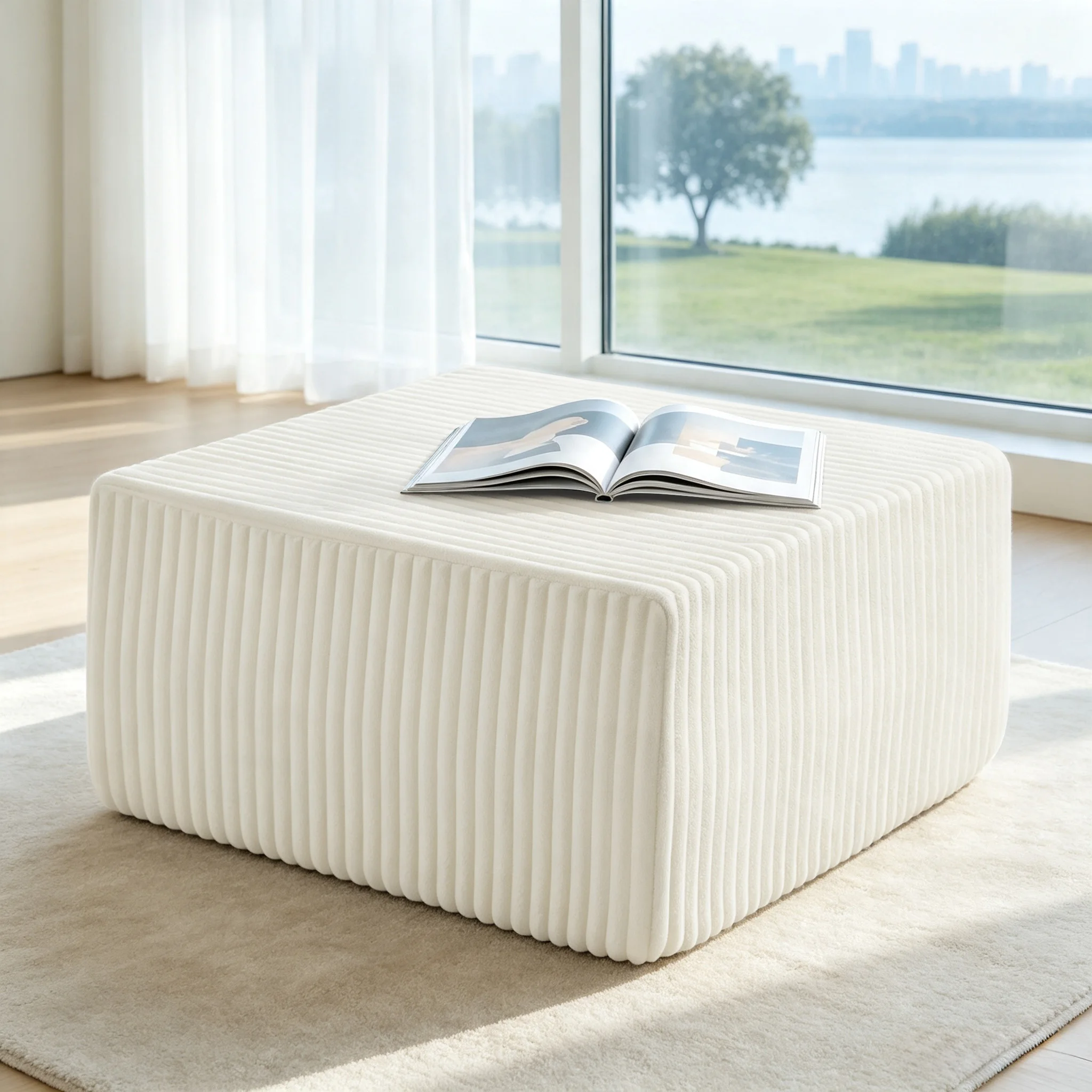 Modular Ottoman Cube Striped Corduroy Foot Stool Versatile Upholstered Seating For Living Room Beige image 2