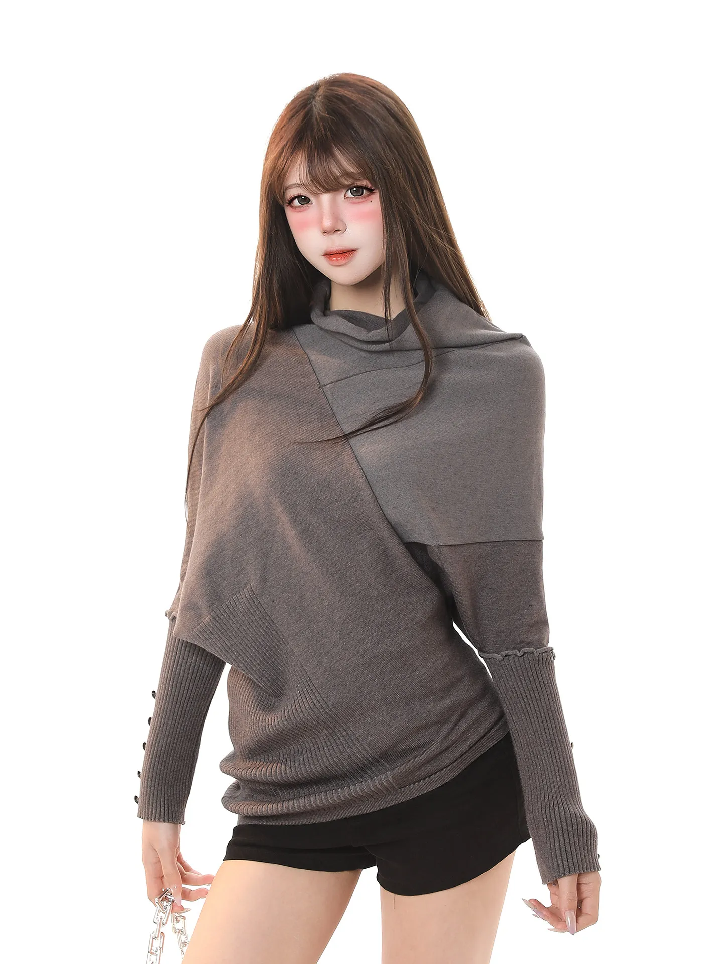 

American Sle Asymmetric Loose Women's Sweater f High Collar Soft Cozy Versatile Knitwear Top for Autumn Winter