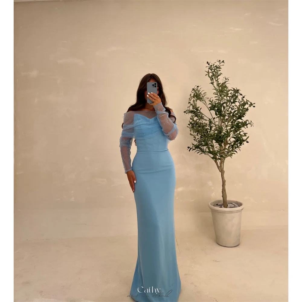 

Cathy Customized Elegant Off Shoulder Column Prom Dresses Beading Long Sleeve vestidos de noiva Floor-Length Evening Dress 2025