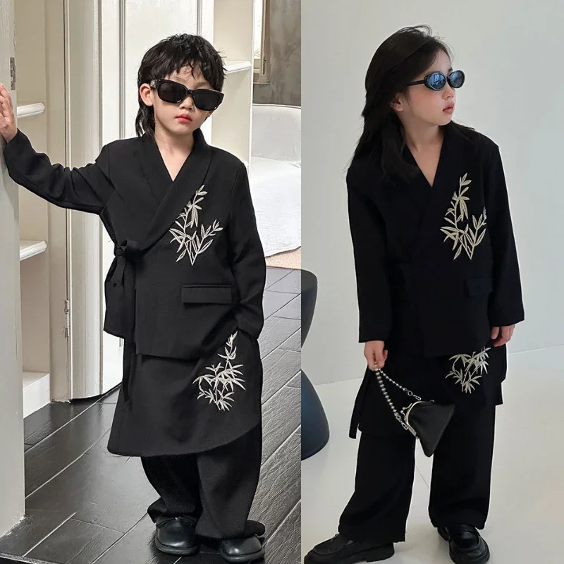 Teens Boys Black Floral Embroidery Suit Set Blazer Pants Formal Outfit for Wedding Party School Performance Catwalk 2-13 Years