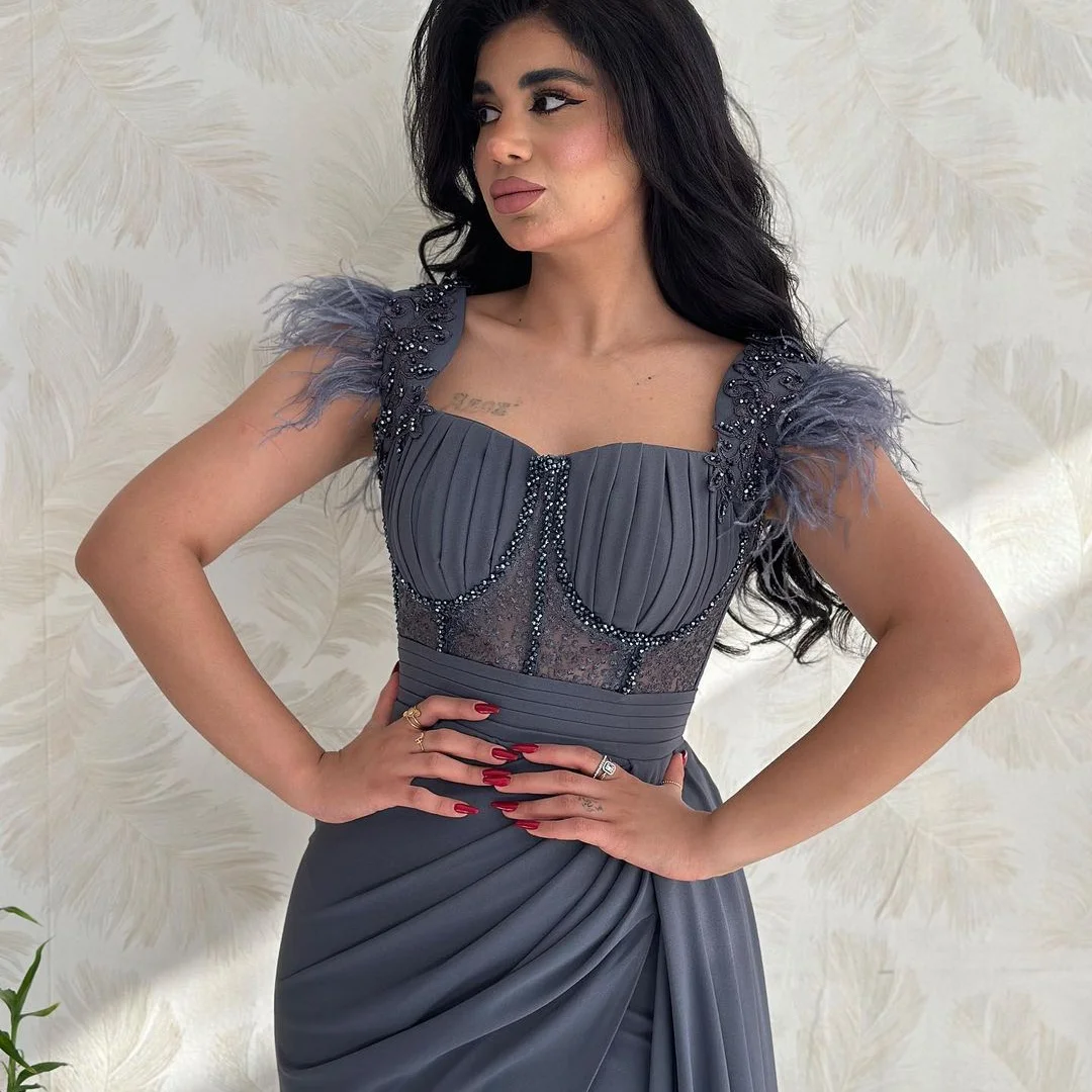 Saudi Arabia Evening Dresses Off-Shoulder Prom Dresses Sweetheart Grey Tulle Sequins Beaded Blue Party Dress Sleeveless 2024