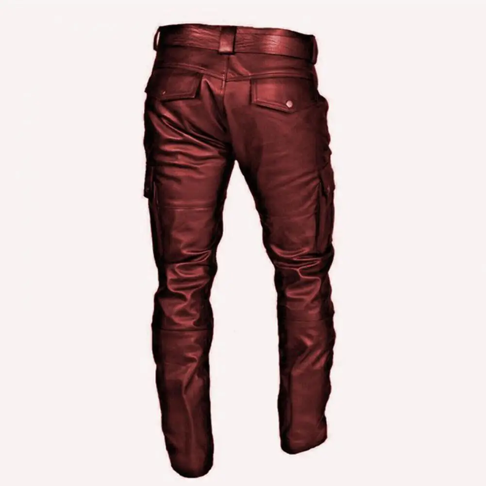 

Street Style Trousers Stylish Men's Faux Leather Pants With Multiple Pockets Slim Fit Design Zipper/button Closure For Street