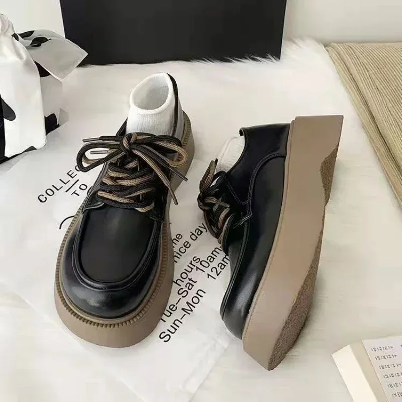 

2024 Autumn New British Style Women Lace-up Thick Sole Breathable Small Leather Shoes Muffin Sole Loafers