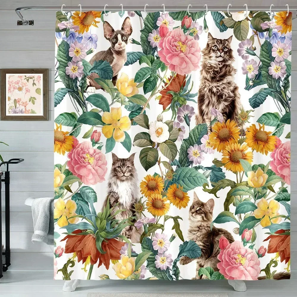 Cats Flowers Shower Curtain Watercolor Floral Plant Bohemia Exotic Home Bathroom Fabric With Hooks Waterproof Polyester Screen