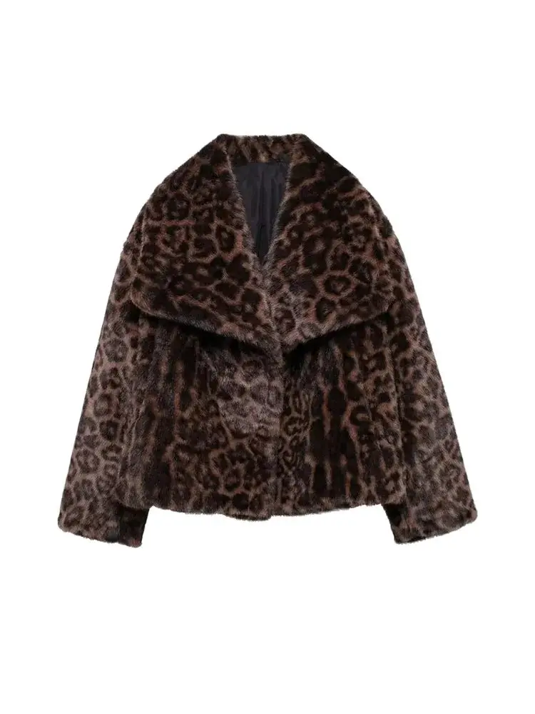 Chaqueta gruesa y cálida de piel sintética de leopardo para mujer, abrigo con cuello de solapa, ropa de abrigo femenina de manga larga, Tops elegantes, moda