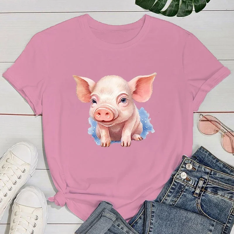 Pink Pig Print T Shirt Fans Summer Casual Short Sleeve Tee Cute Loose T Shirts Fashion Short Sleeve Shirt Round Neck Ladies Top