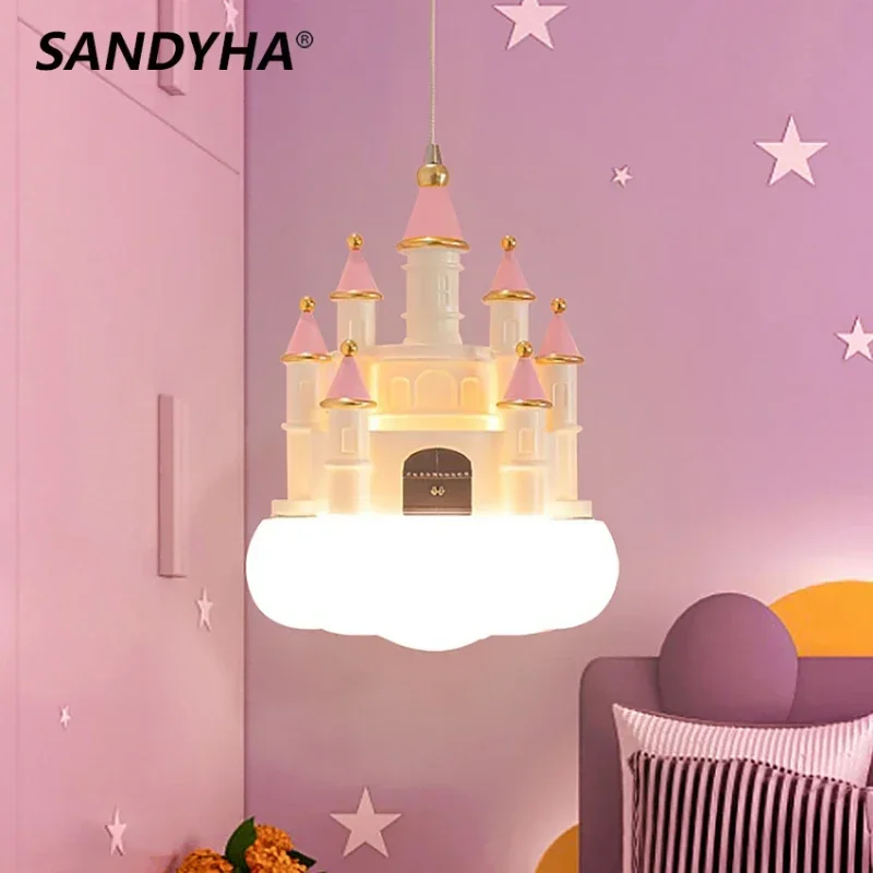 sandyha lustre minimalista para meninas criativo castelo rosa nuvens luminaria pendente para decoracao de quarto infantil luz suspensa 01