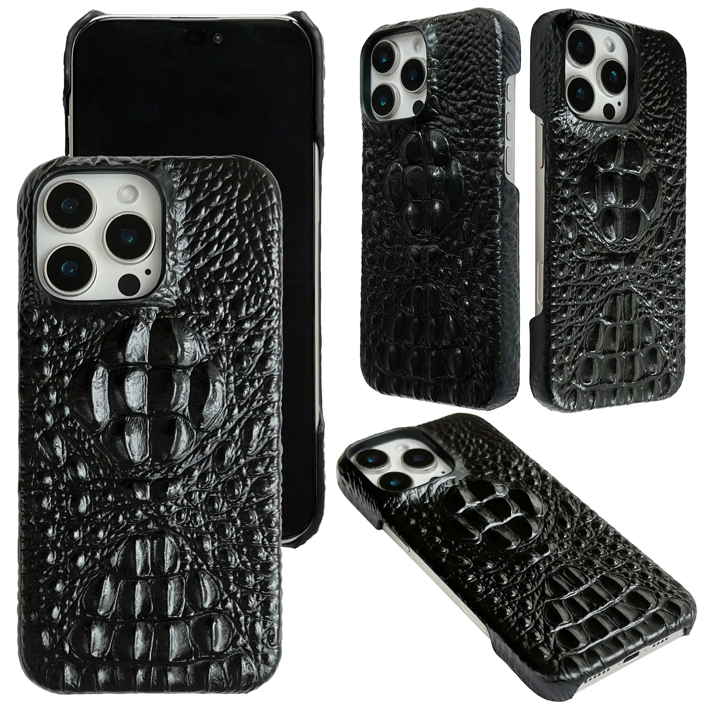 

Genuine Cowhide Leather Case For iPhone 16 15 14 Pro Max 13 12 Crocodile Skull Grain 3D Alligator Head Pattern Back Cover Funda