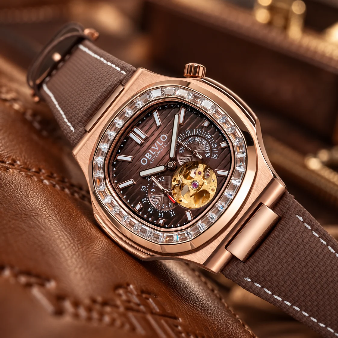 OBLVLO Fashion Automatic Watch - Rose Gold Square Case Brown Dial with Diamond Tourbillon Glain Leather Mechanical Clock FM-SF-D
