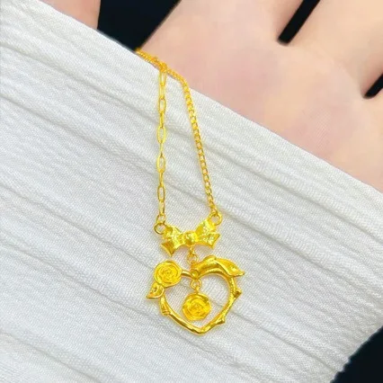 High-quality pure gold 24K heart-beating rose necklace AU750 bow 999 set chain gift for girlfriend jewelry