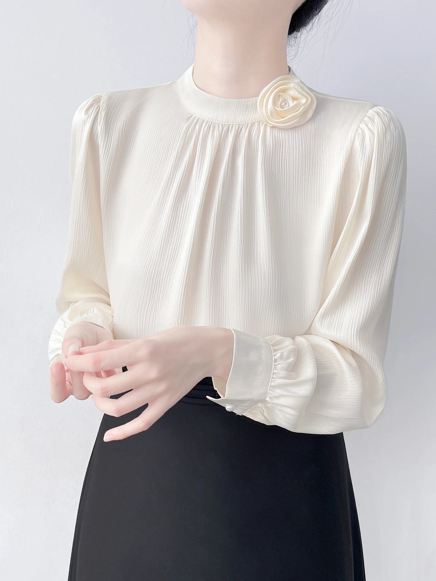 

Съемная блузка из шелкового шифона с длинным рукавом для женщин, корейский стиль, прямой крой, из полиэфирного волокна, с эффектом текстуры, для повседневной носки