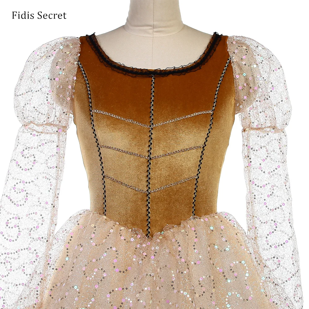Women Light Brown Romantic Long Tutus,Girls Ballet Performance Sequins Dance Wear,Ballerina Flower Fairy Princess Stage Costumes