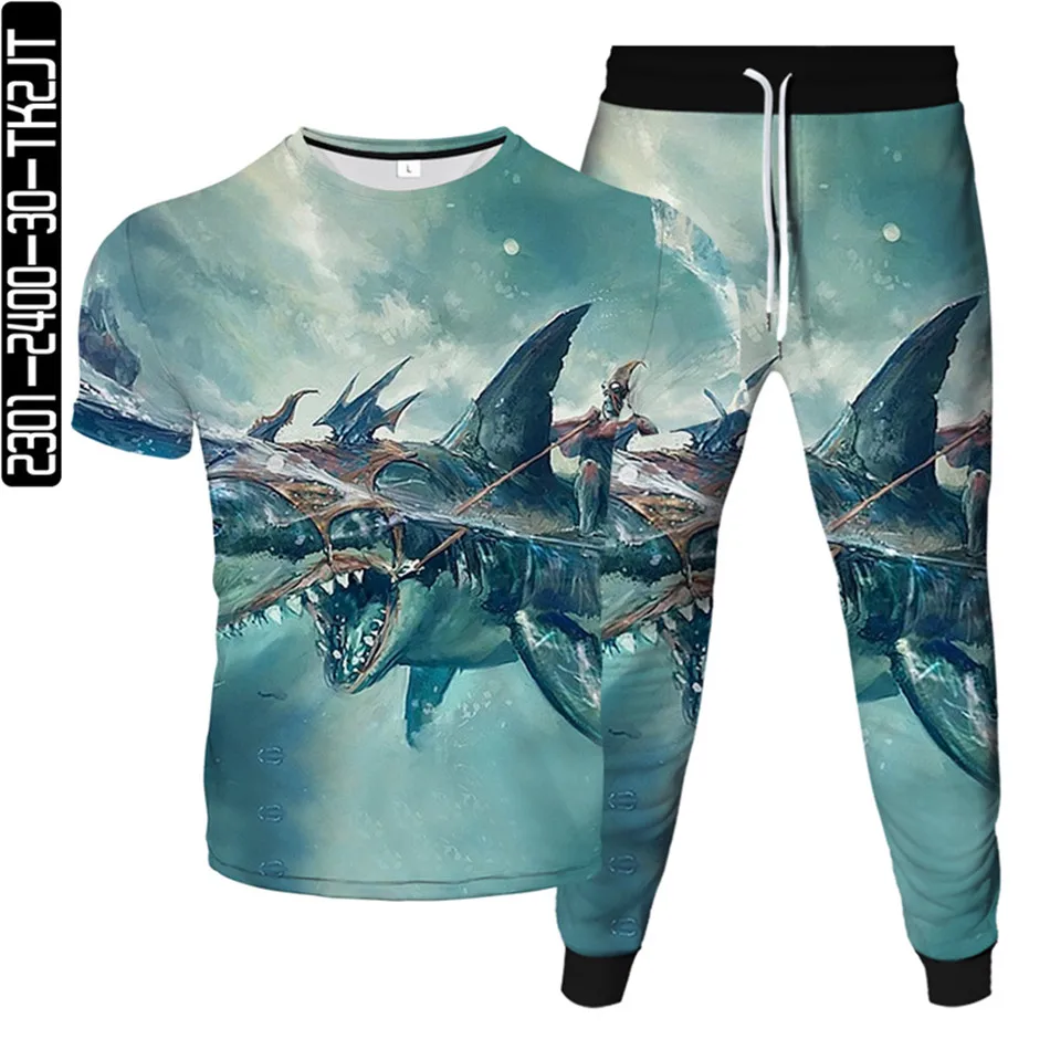 Mens Plus Size Tracksuit Cartoon Animal Shark Fish 3D Printed Women Sportwear Suit Male Female Fashion T-Shirt+Trousers 2pc/Set