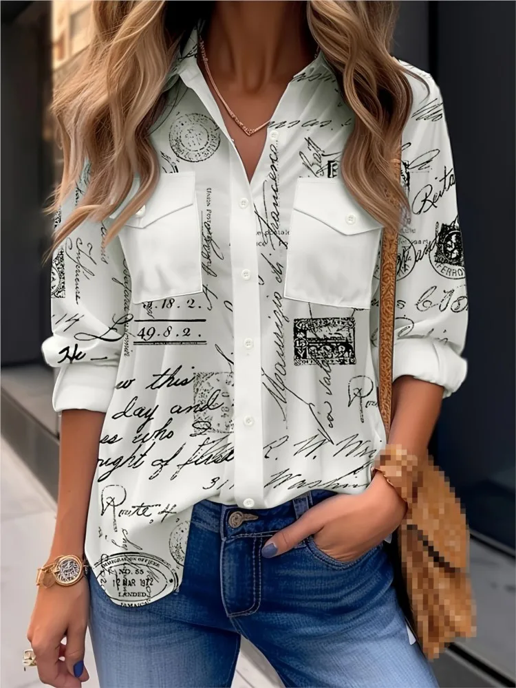 Spring Autumn New Women's Shirt Fashion Geometric Pattern Button Printing Casual Daily Basic Long Sleeve Shirt