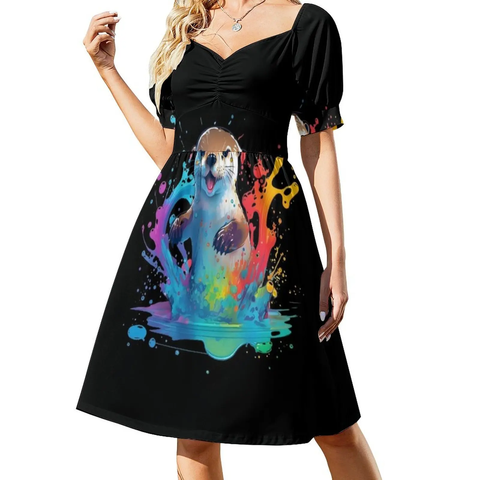 فستان بوهيمي بدون أكمام مطبوع عليه قضاعة سعيدة للنساء، فساتين حفلات الشاطئ المطبوعة، لعبة قضاعة سعيدة مع