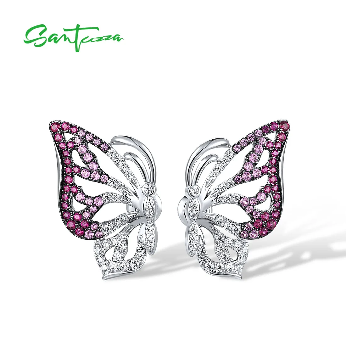 SANTUZZA Real 925 Sterling Silver Stud Earrings For Women Sparkling White CZ Pink And Red Butterfly Elegant Cute Fine Jewelry
