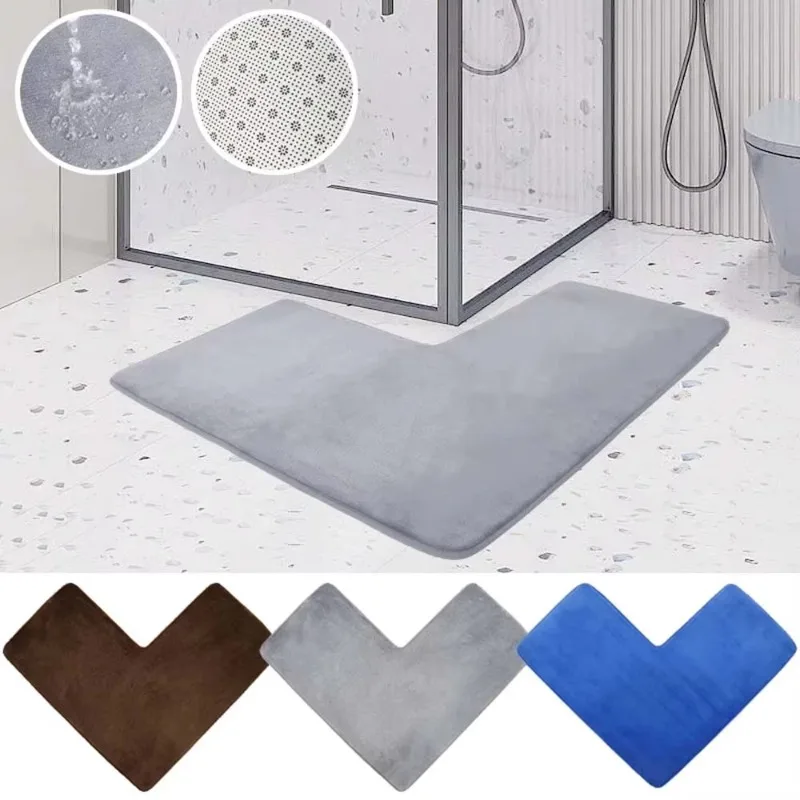 L-Shaped Bathroom Corner Floor Mat Soft Coral Fleece Absorbent Non-slip Shower Mat Washable Rug Carpet Home Decor 80x80x40cm