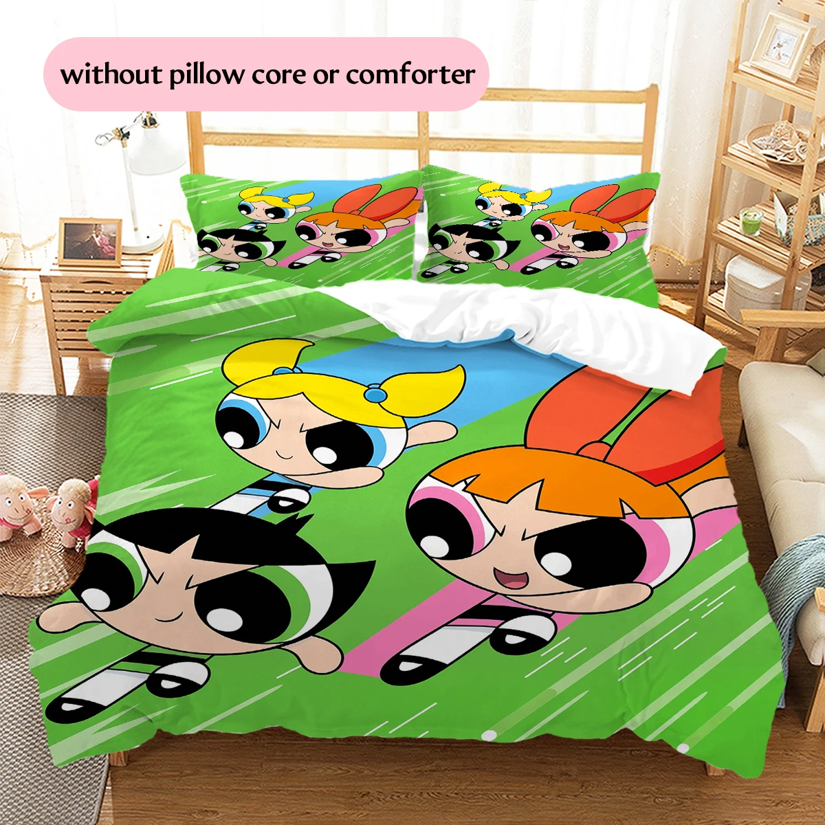 Niedliches Powerpuff Girls Bettwäsche-Set mit Aufdruck, Bettbezug, Kissenbezug ohne Füllstoff, weiche Heim- und Schlafzimmerdekoration, perfektes Geschenk für Fans.chl