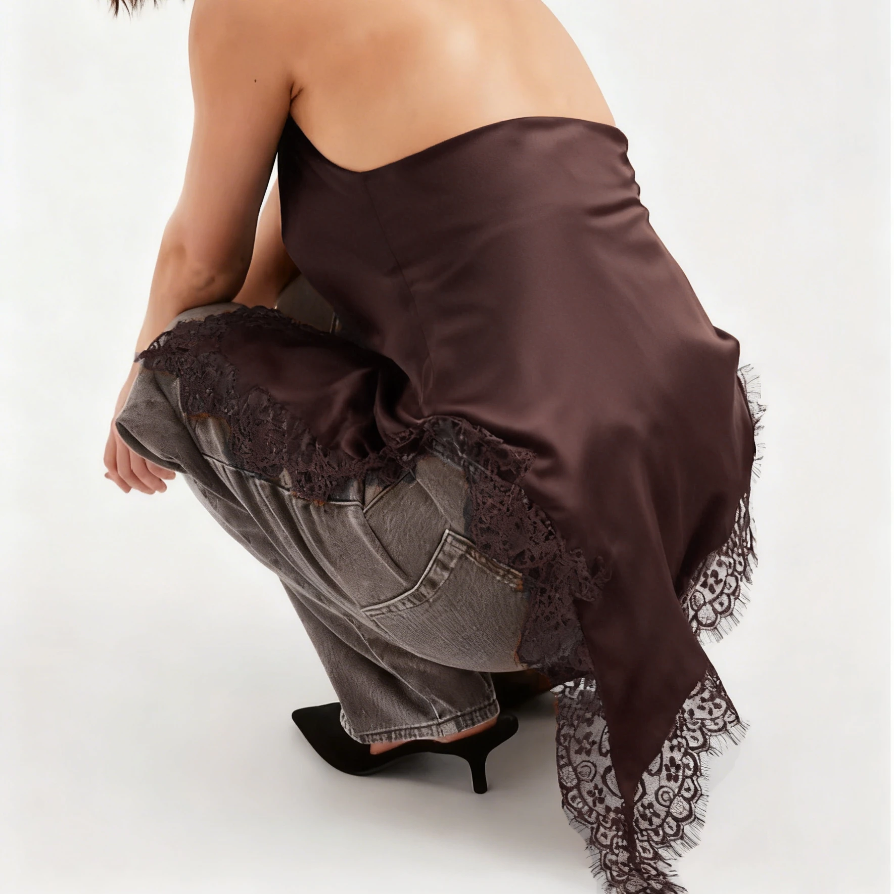 Elegant Black Satin Halter Blouse - Cowl Neck Sleeveless Top with Asymmetrical Lace Hem for Evening Party Street Style