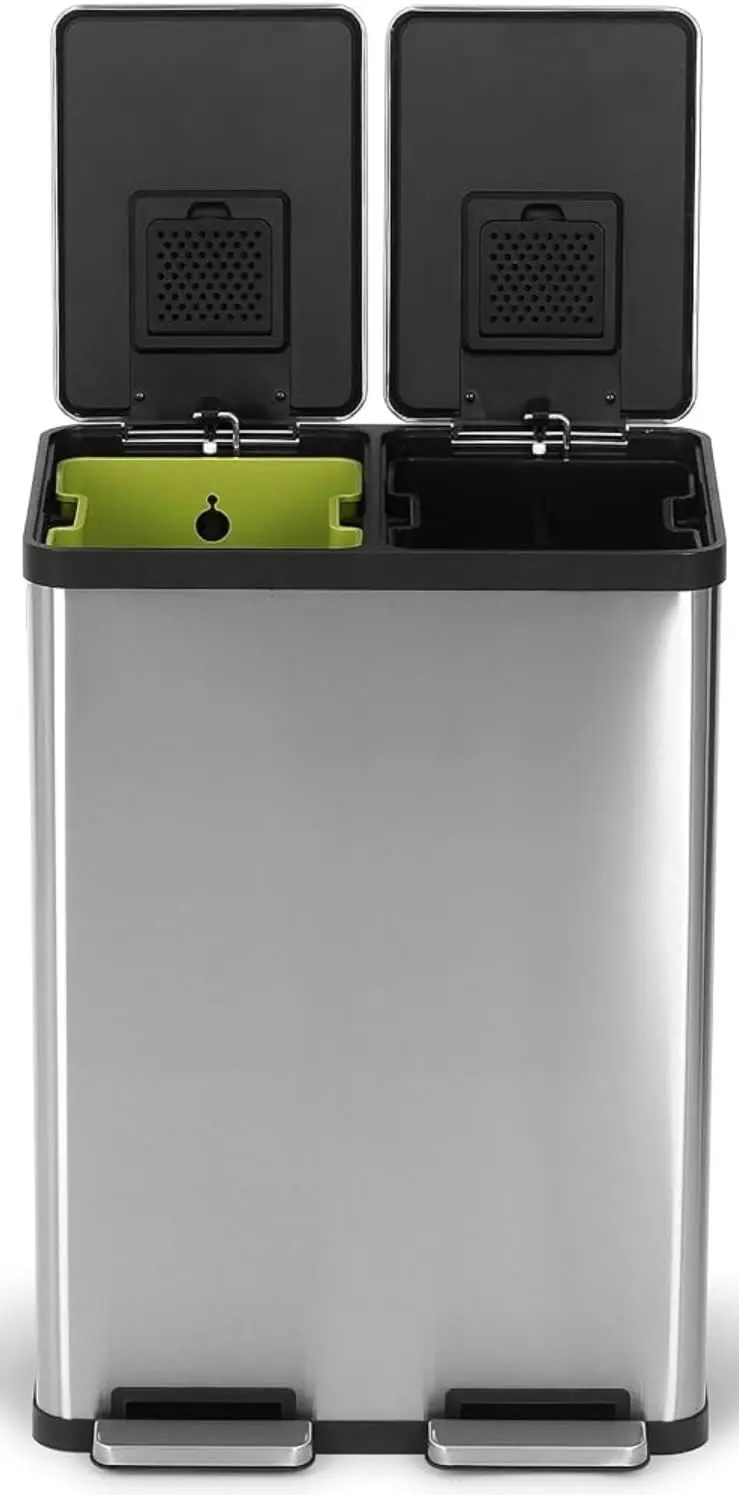 

60L Dual Compartment Step Trash Can with Soft-Close Lid, Brushed Stainless Steel for Kitchen Recycling