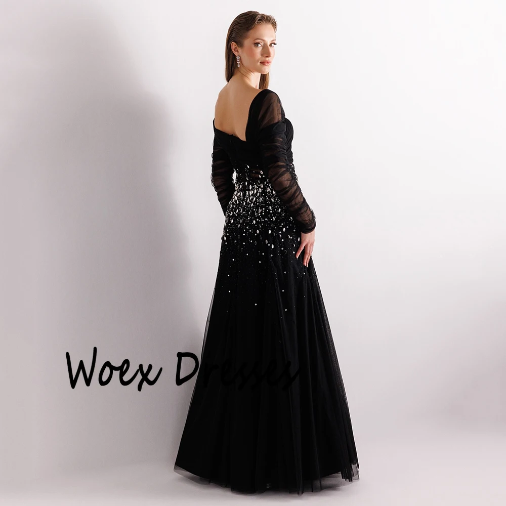 Customized Simple Black Boat Neck Tulle Evening Dress Full Sleeves With Crystal Party Dress A-line Floor Length Prom Gown image 2