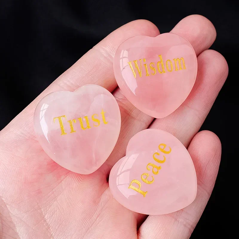 1Pcs Natural Stone Healing Ornament 30mm Rose Quartz Decoration Heart Shaped Engraved Energy Stone Halloween Christmas Gifts